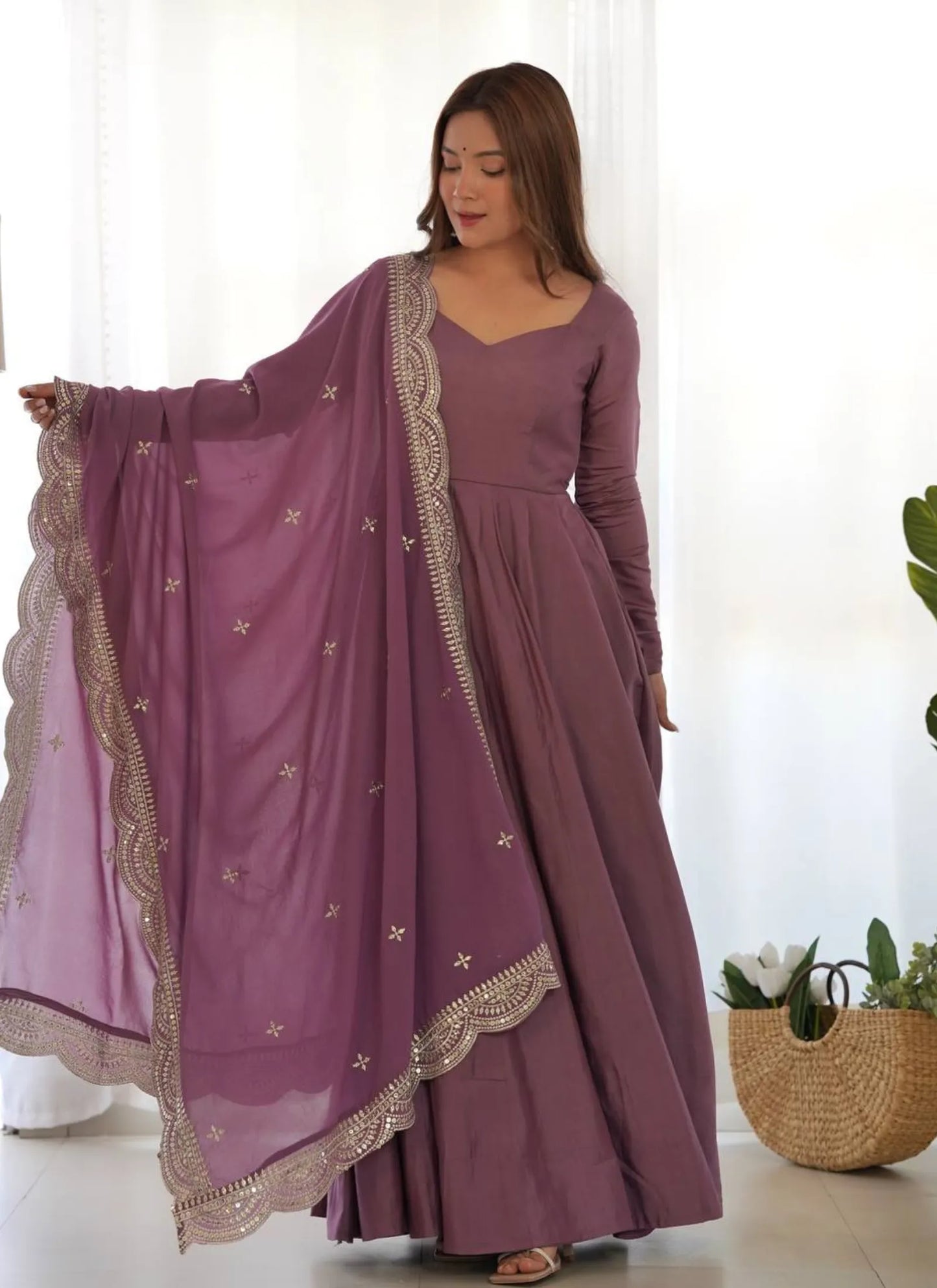 Pure Romansilk Chanderi Fabric Anarkali Mauve