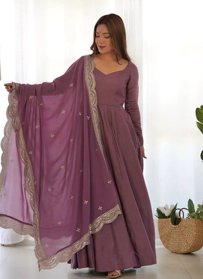 Pure Romansilk Chanderi Fabric Anarkali Mauve
