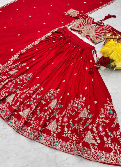 Red Pure Vichitra Silk Embroidery Thread Work Lehenga Choli