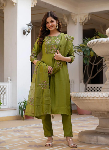 Olive Pure Viscose Designer Kurti Set