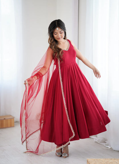 Pure Romansilk Chanderi Fabric Anarkali Maroon