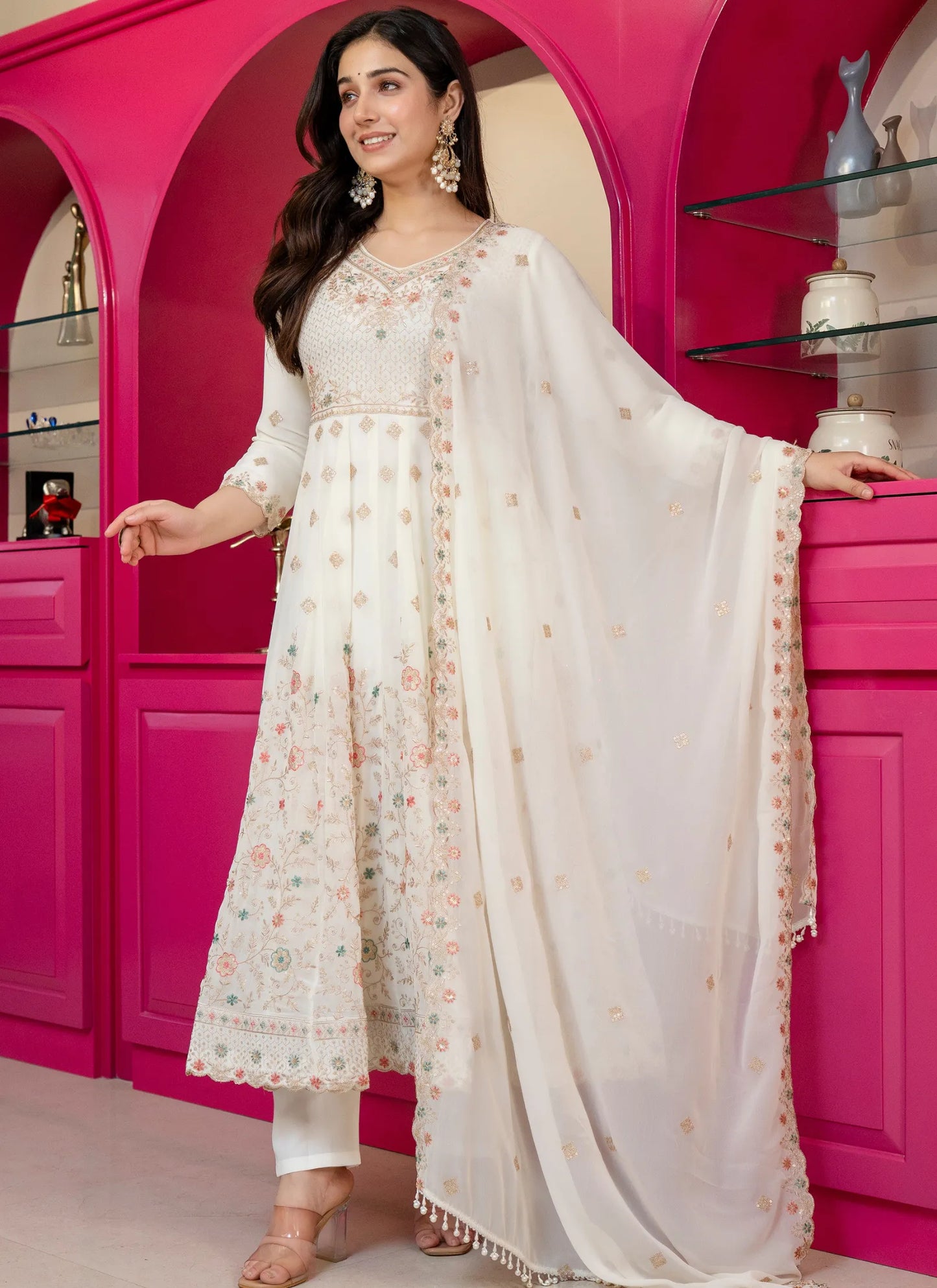 Off White Faux Blooming With Thread Embroidered Work Anarkali Suit