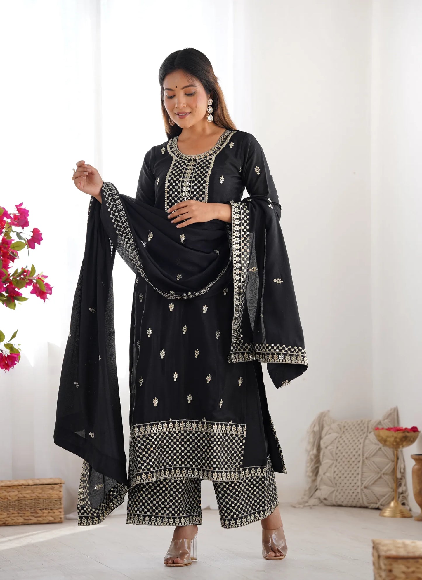 Pure Chinon Silk Embroidery Kurta Black