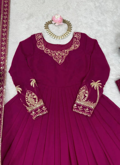 Pink Faux Georgette Thread Work Anarkali Suit