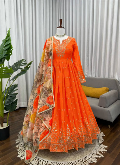 Orange Georgette Thread Work Anarkali Suit