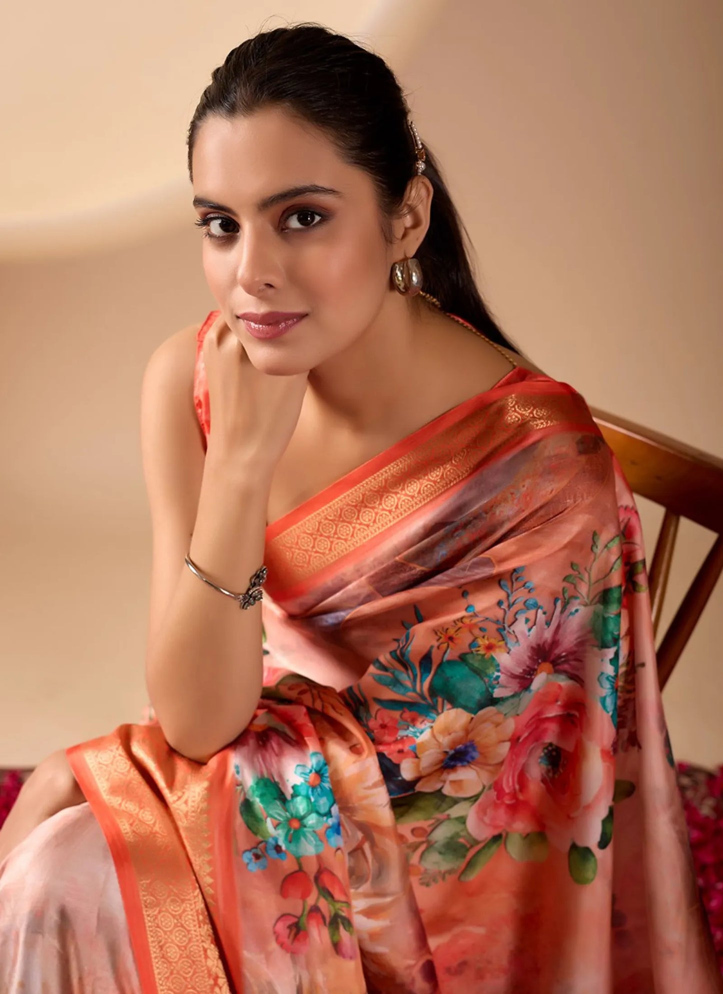 Floral Print Soft Lichi Silk Saree Orange