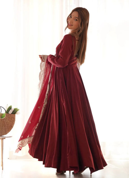 Pure Romansilk Chanderi Fabric Anarkali Maroon