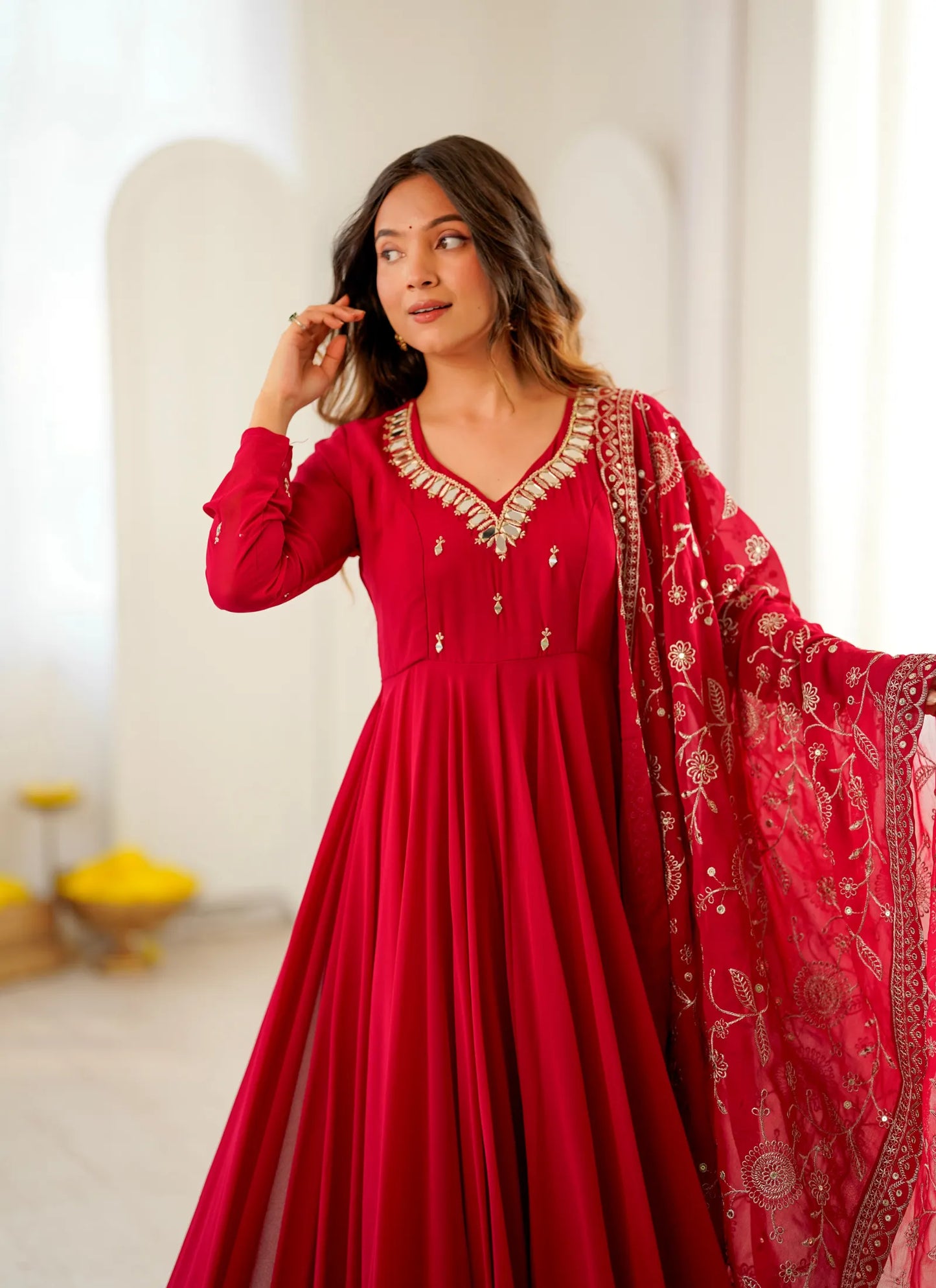 Red Elegant Embroidered Anarkali Suit