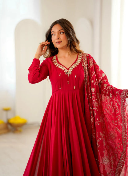 Red Elegant Embroidered Anarkali Suit