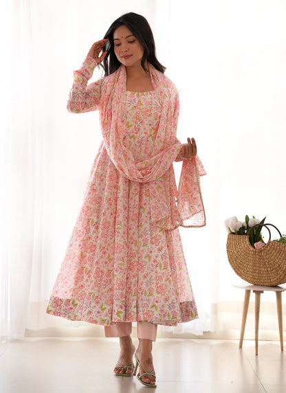Pure Chiffon Floral Print Anarkali Peach