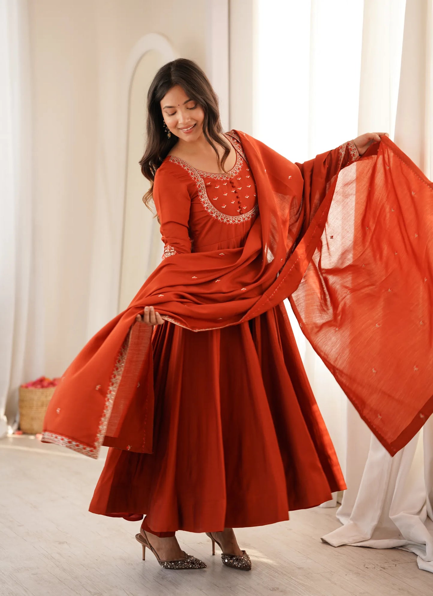 Orange Roman Chanderi Silk Anarkali Suit