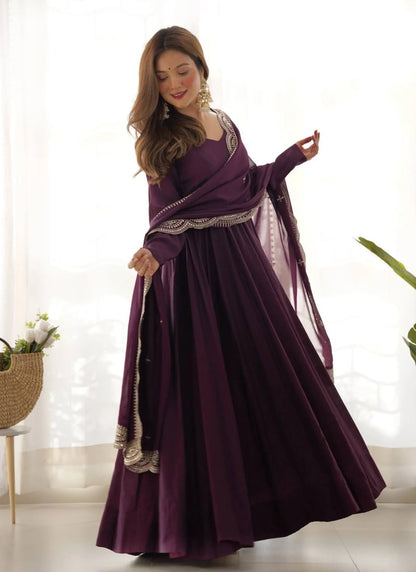 Pure Romansilk Chanderi Fabric Anarkali Wine