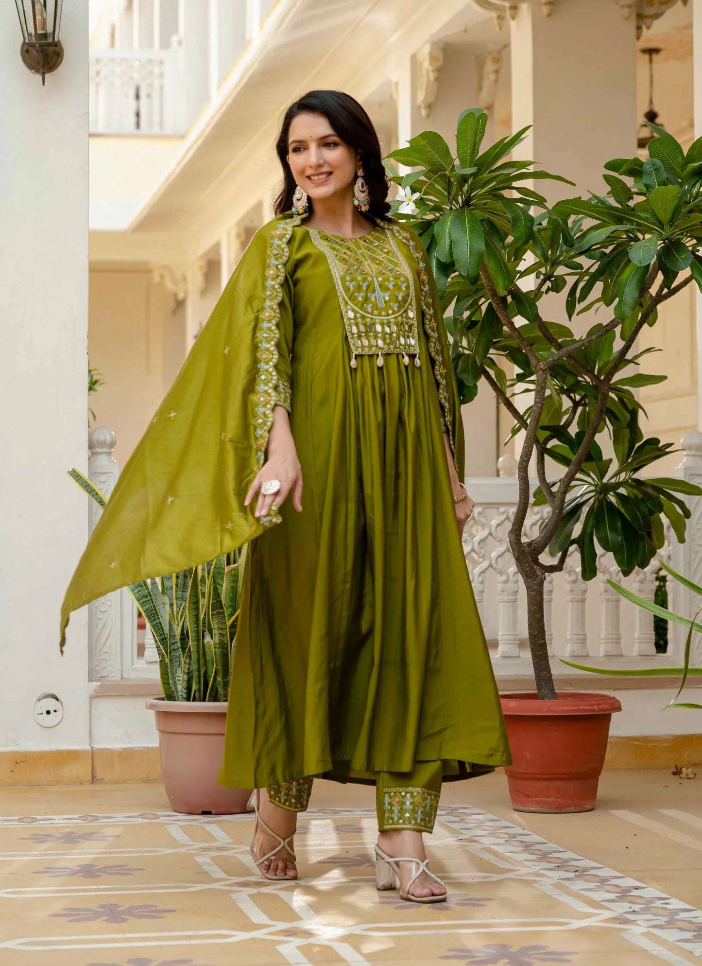Beautiful Roman Silk Anarkali Kurti Mehndi
