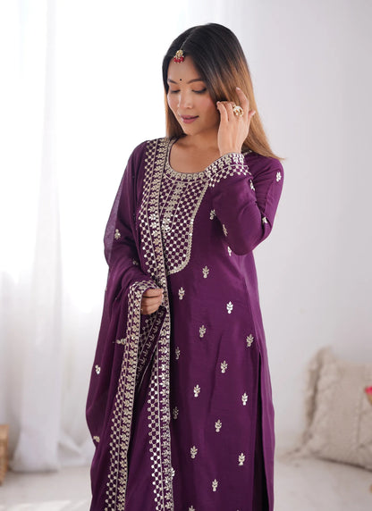 Pure Chinon Silk Embroidery Kurta Wine