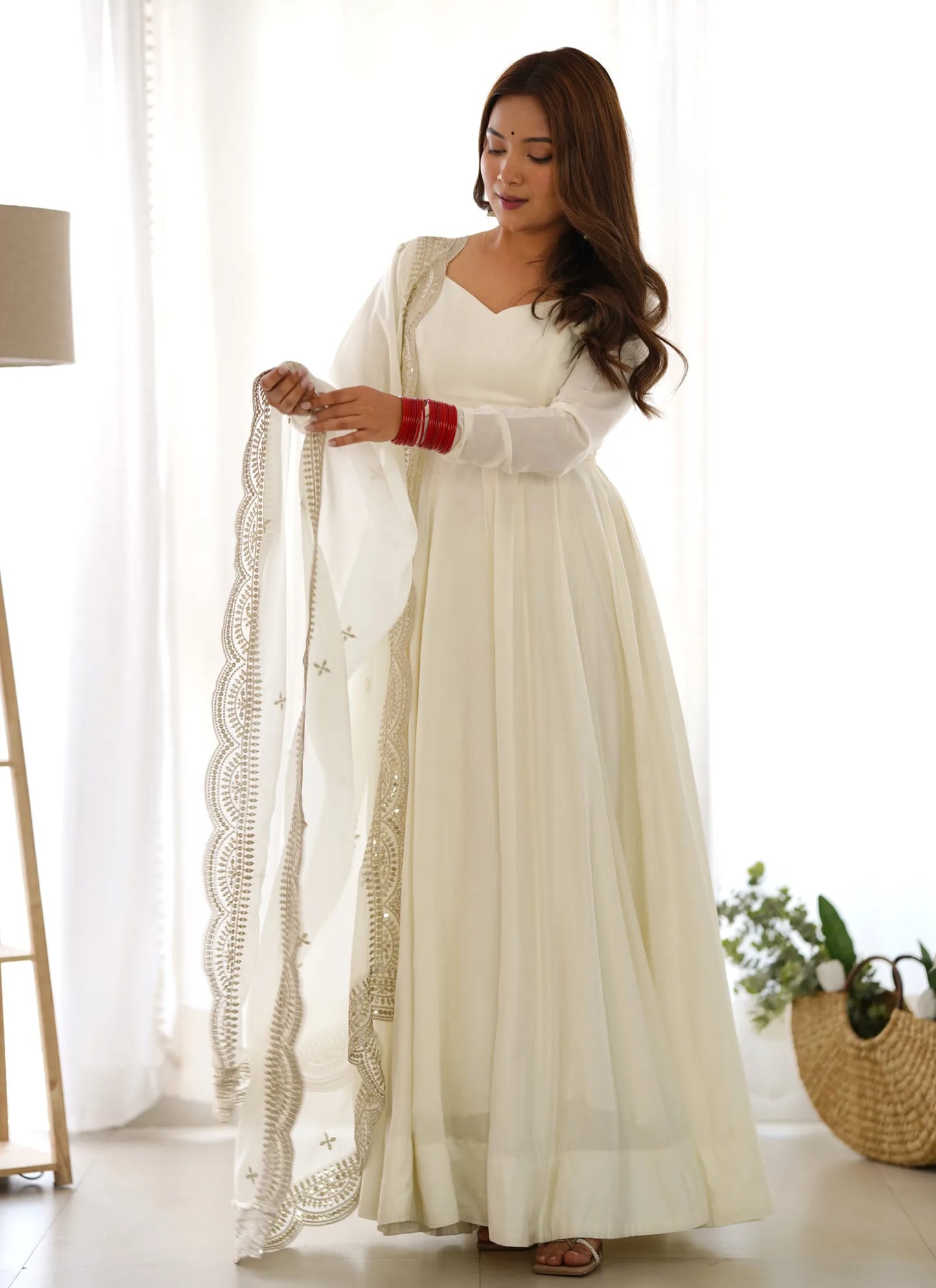 Pure Romansilk Chanderi Fabric Anarkali White