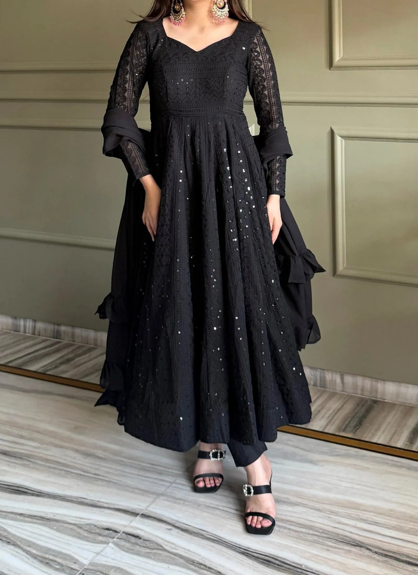 Black Lucknowi Sequence & Thread Work Anarkali Suit