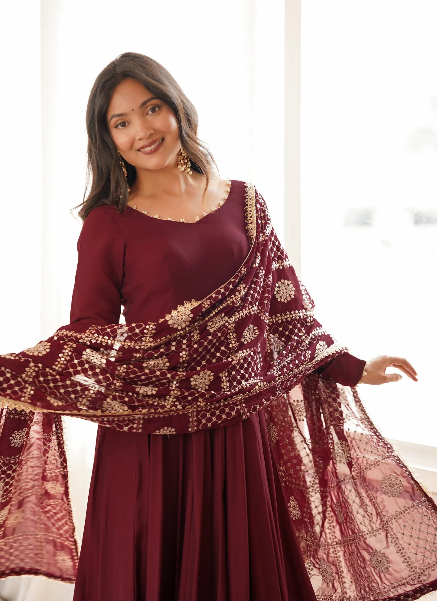 Maroon Heavy Roman Silk Anarkali Suit