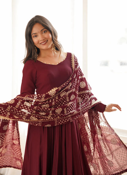 Maroon Heavy Roman Silk Anarkali Suit