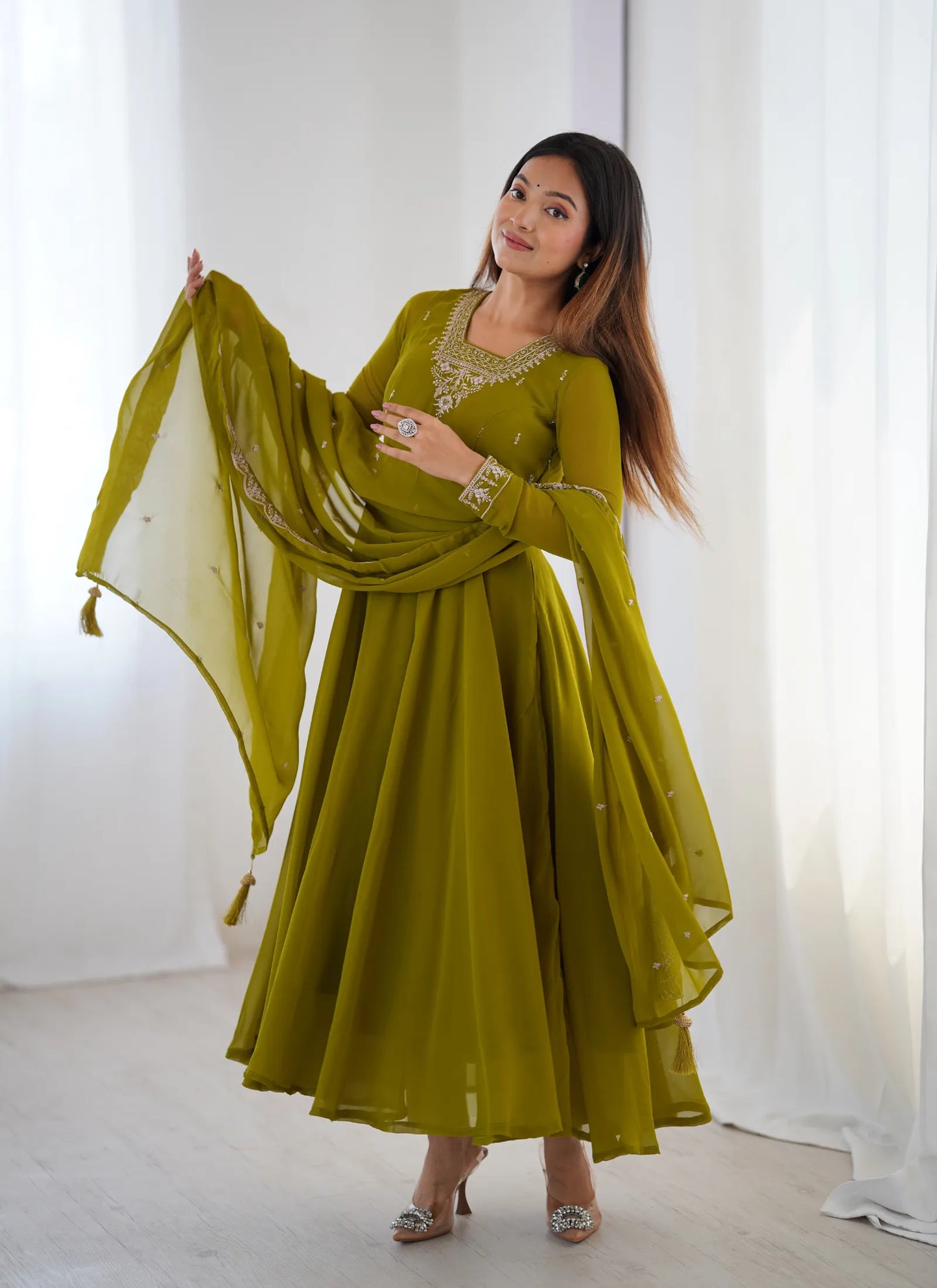 Pure Soft Fox Georgette Anarkali Mehndi