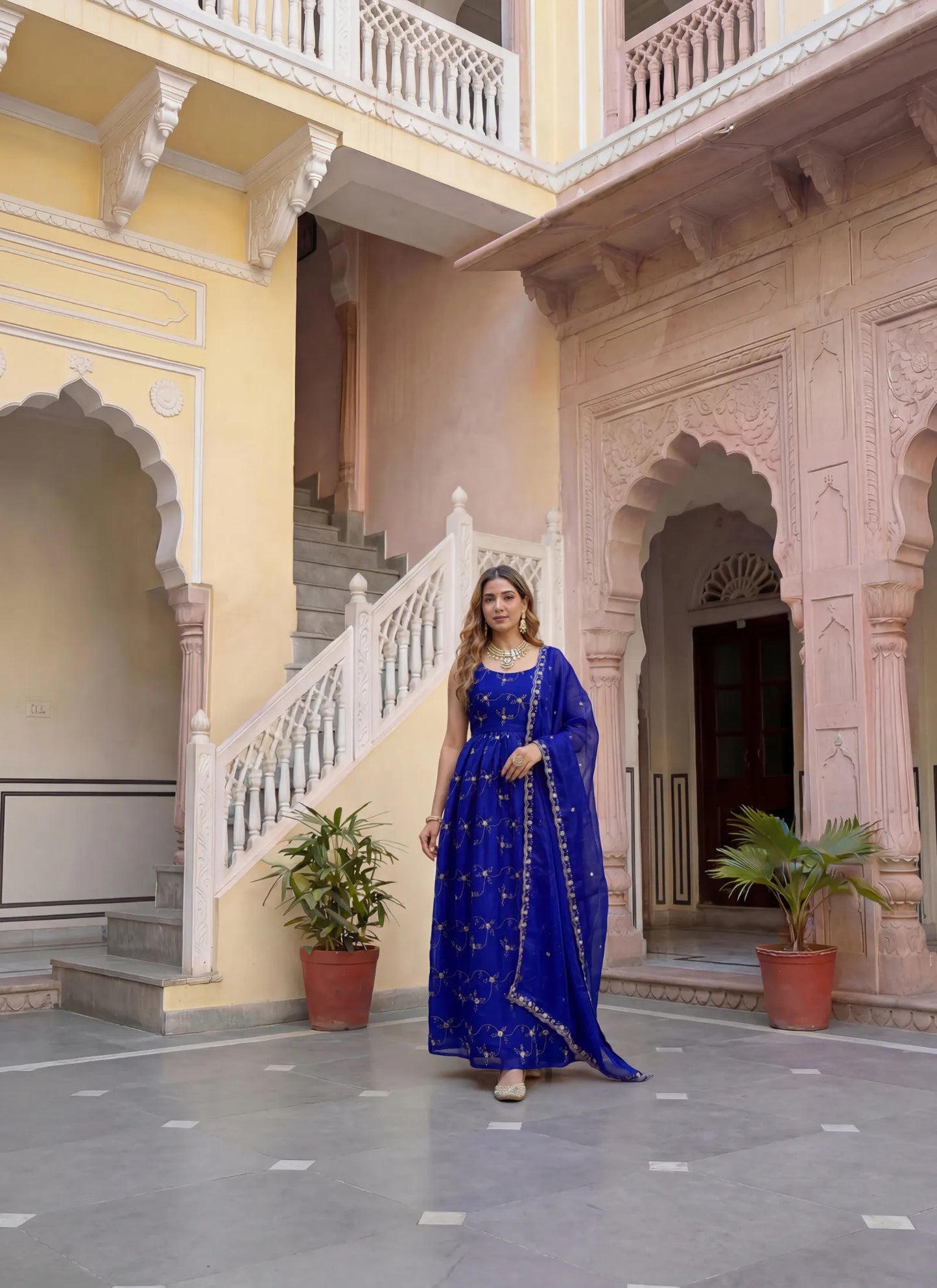 Blue Fandy Silk Embroidery Anarkali Gown