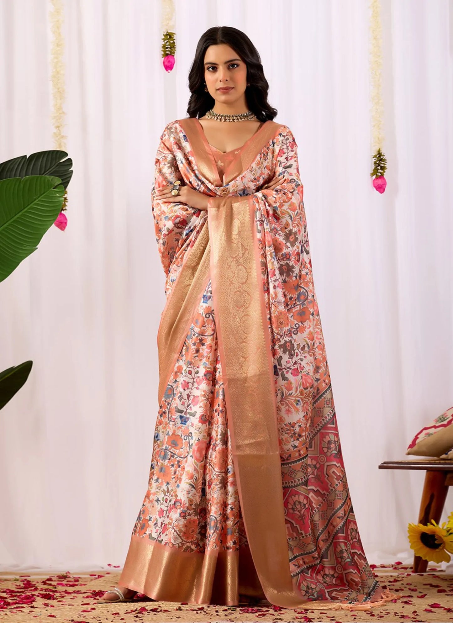 Intricate Floral Print Soft Lichi Silk Saree