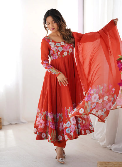 Pure Soft Organja Silk Anarkali Red
