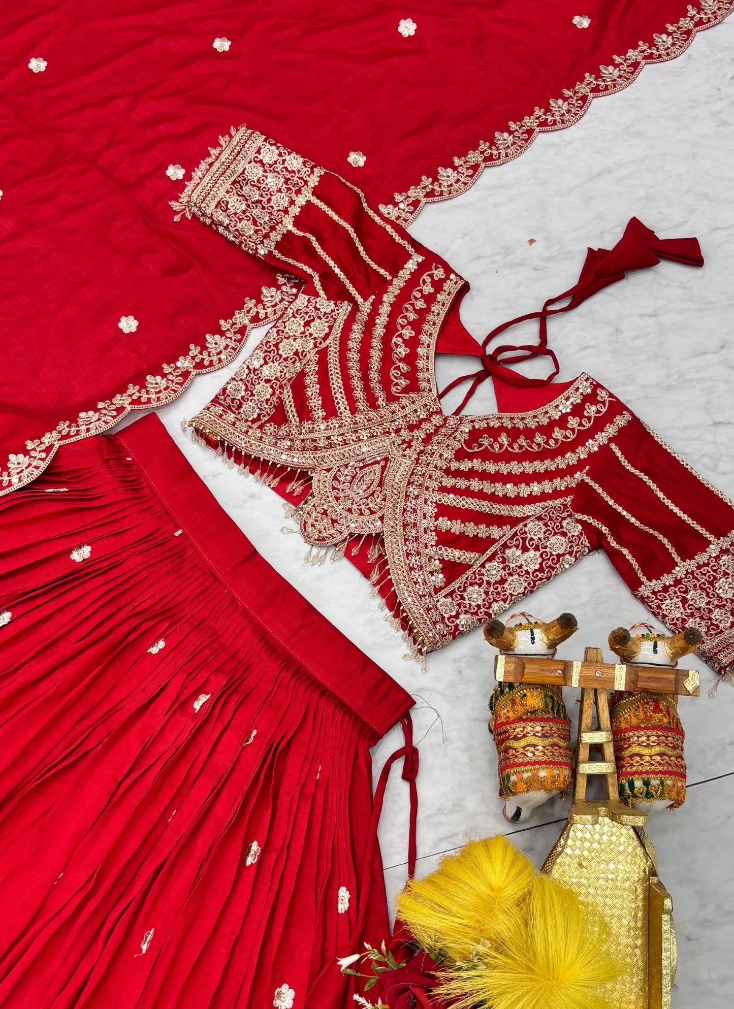 Red Pure Vichitra Silk Embroidery Thread Work Lehenga Choli