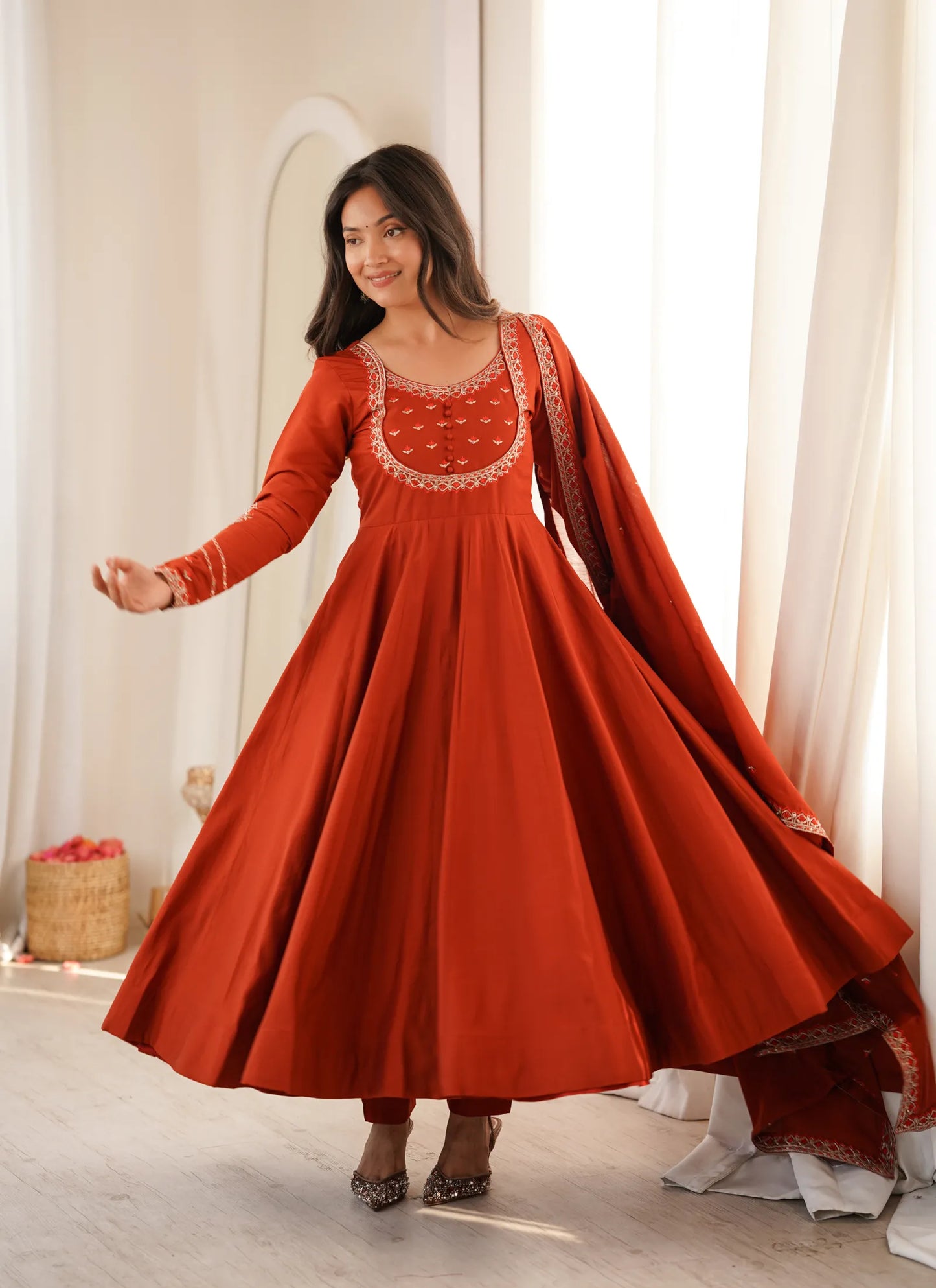 Orange Roman Chanderi Silk Anarkali Suit