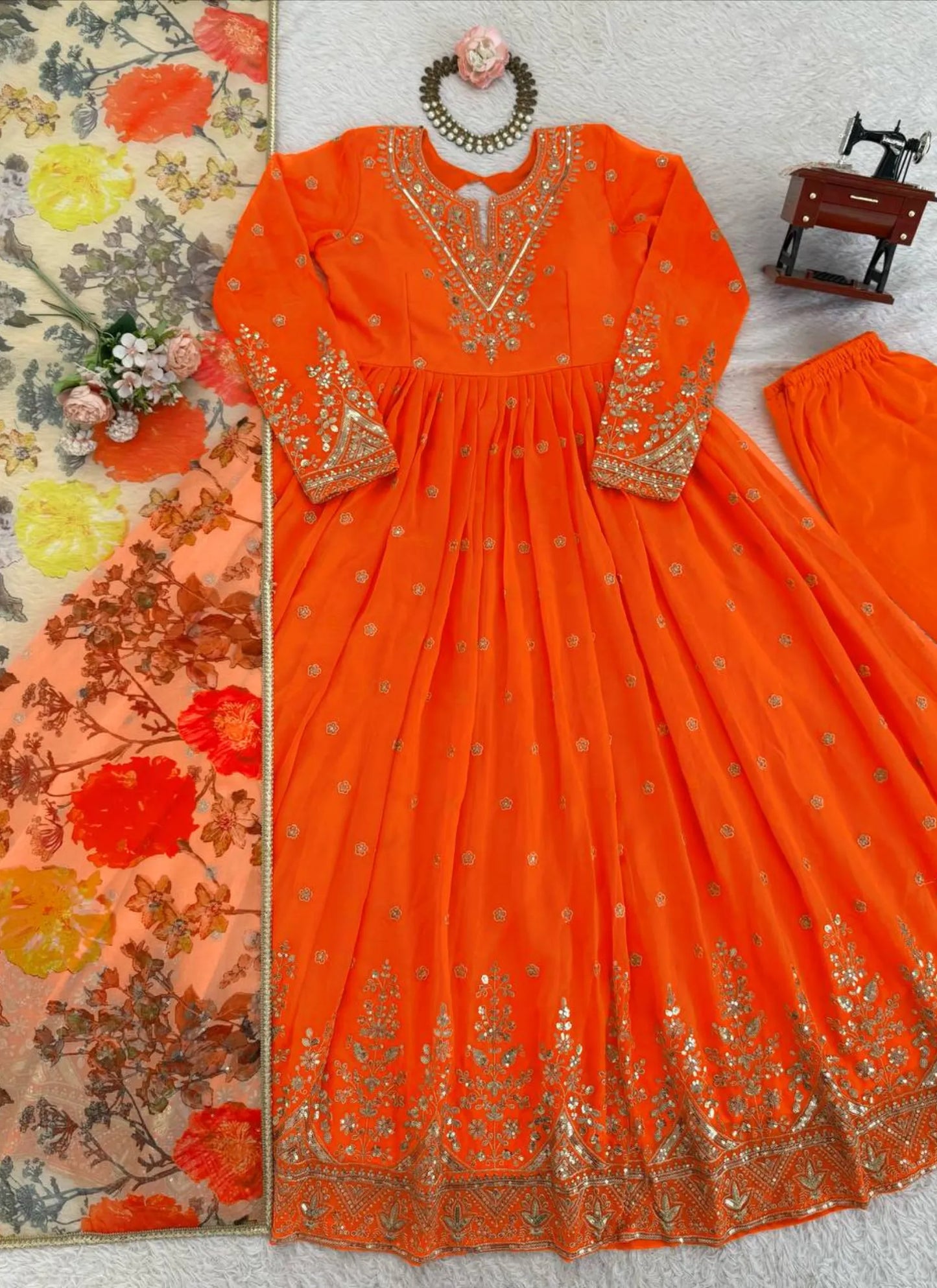 Orange Georgette Thread Work Anarkali Suit