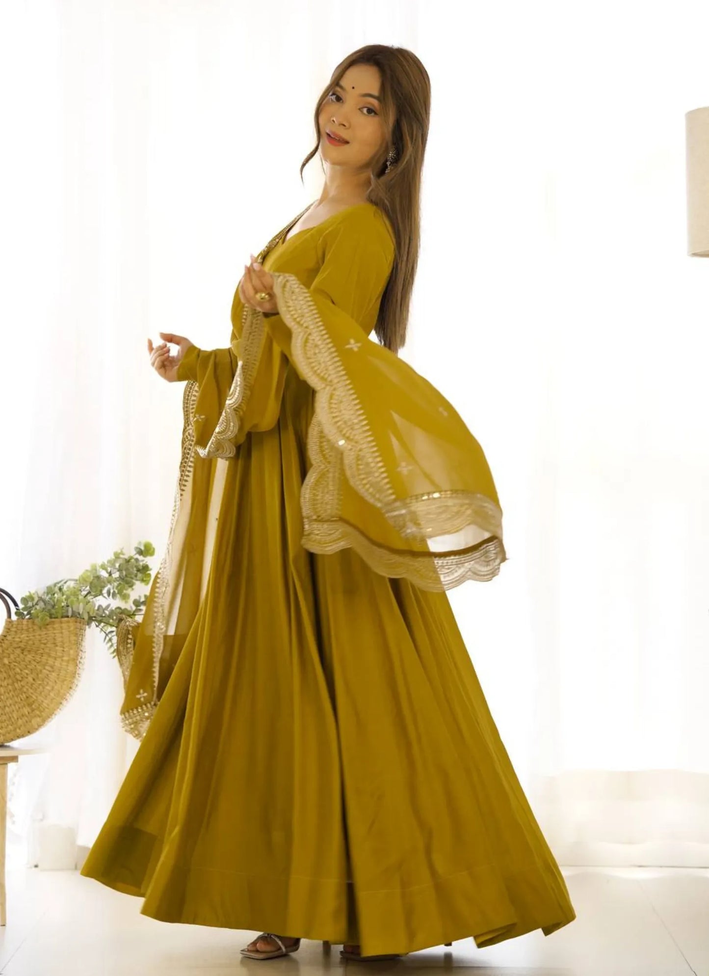 Pure Romansilk Chanderi Fabric Anarkali Mustard