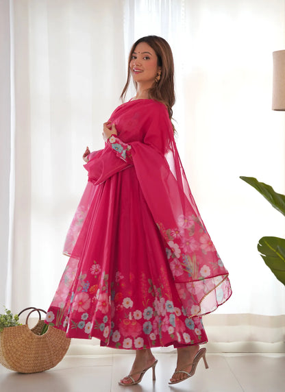 Pure Soft Organja Silk Anarkali Pink
