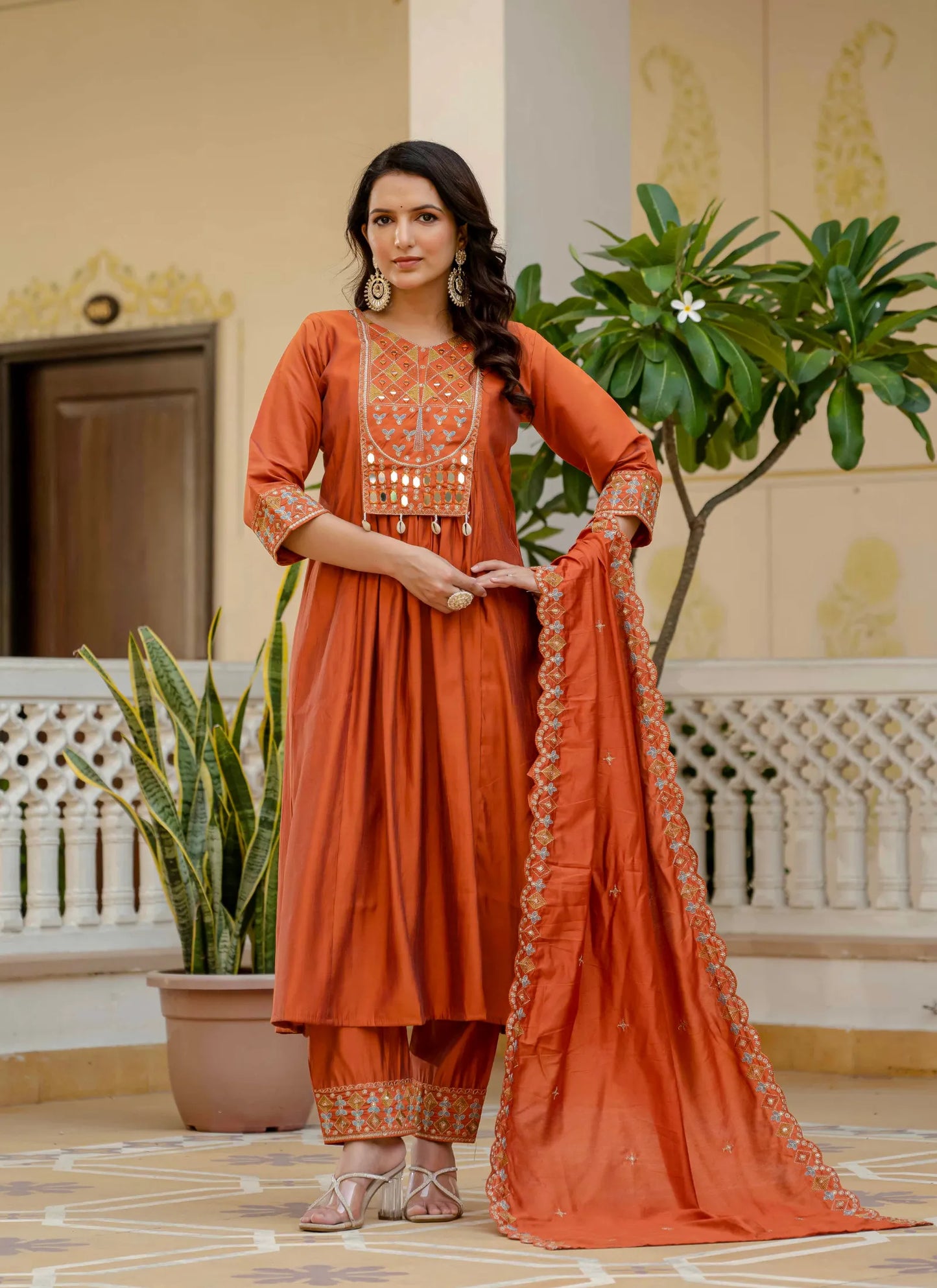 Beautiful Roman Silk Anarkali Kurti Orange