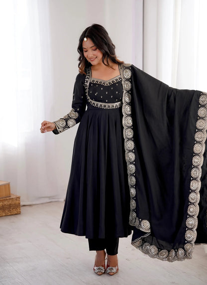Black Roman Silk Designer Anarkali Suit