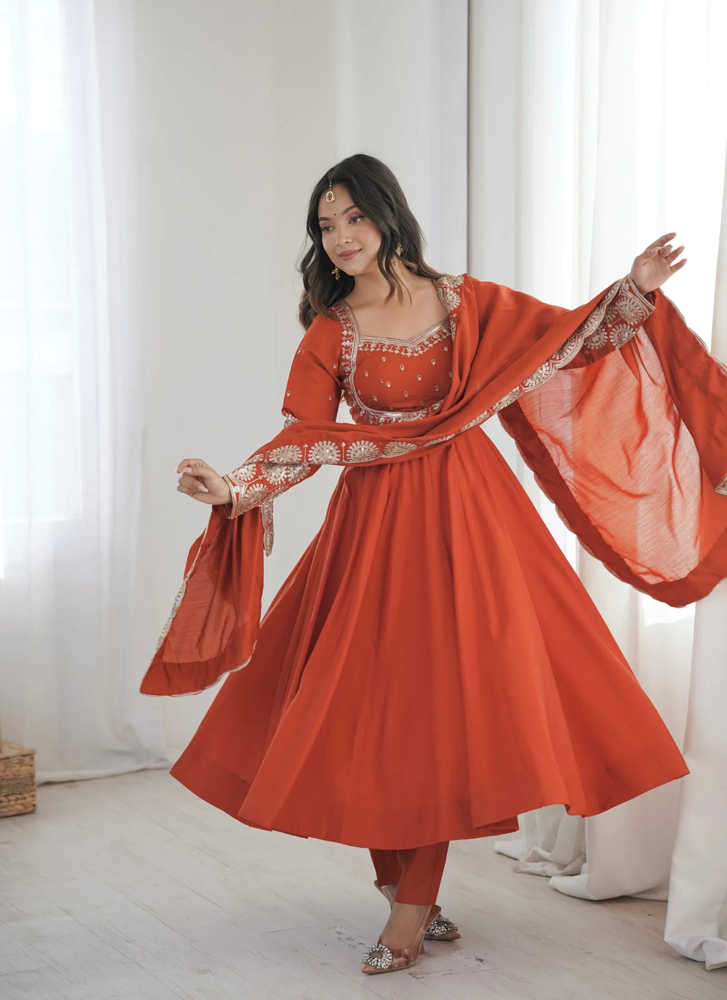 Orange Roman Silk Designer Anarkali Suit