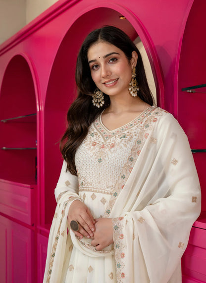Off White Faux Blooming With Thread Embroidered Work Anarkali Suit
