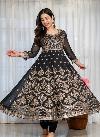 Black Faux Blooming Fabric Thread Embroidered Anarkali Suit