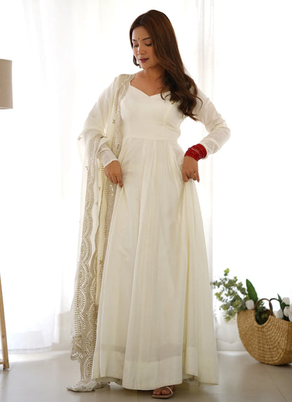 Pure Romansilk Chanderi Fabric Anarkali White