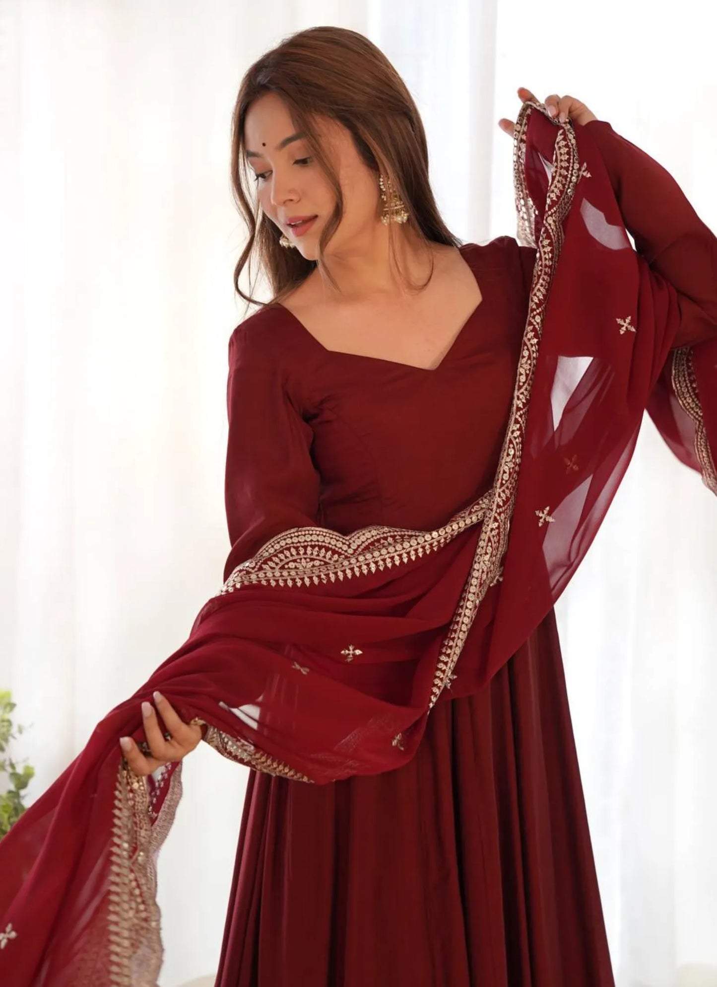 Pure Romansilk Chanderi Fabric Anarkali Maroon