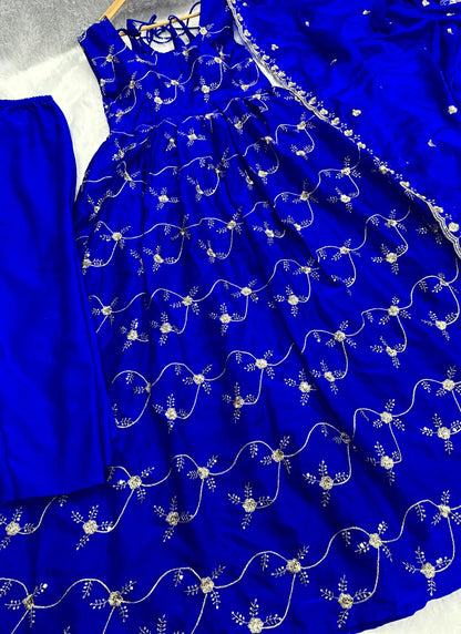 Blue Fandy Silk Embroidery Anarkali Gown