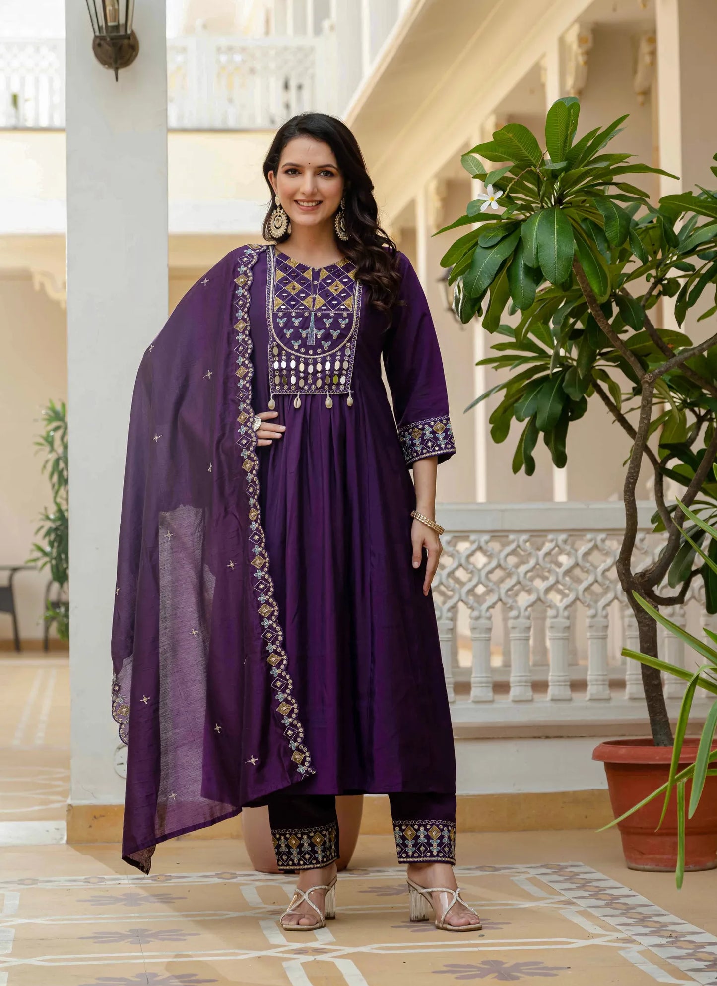 Beautiful Roman Silk Anarkali Kurti Purple