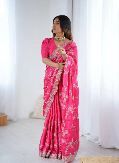 Pink Heavy Satin Silk With Embroidery Saree
