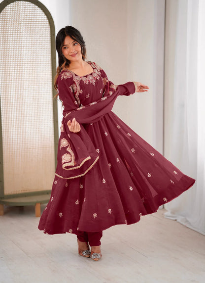 Maroon Designer Embroidered Anarkali Suit