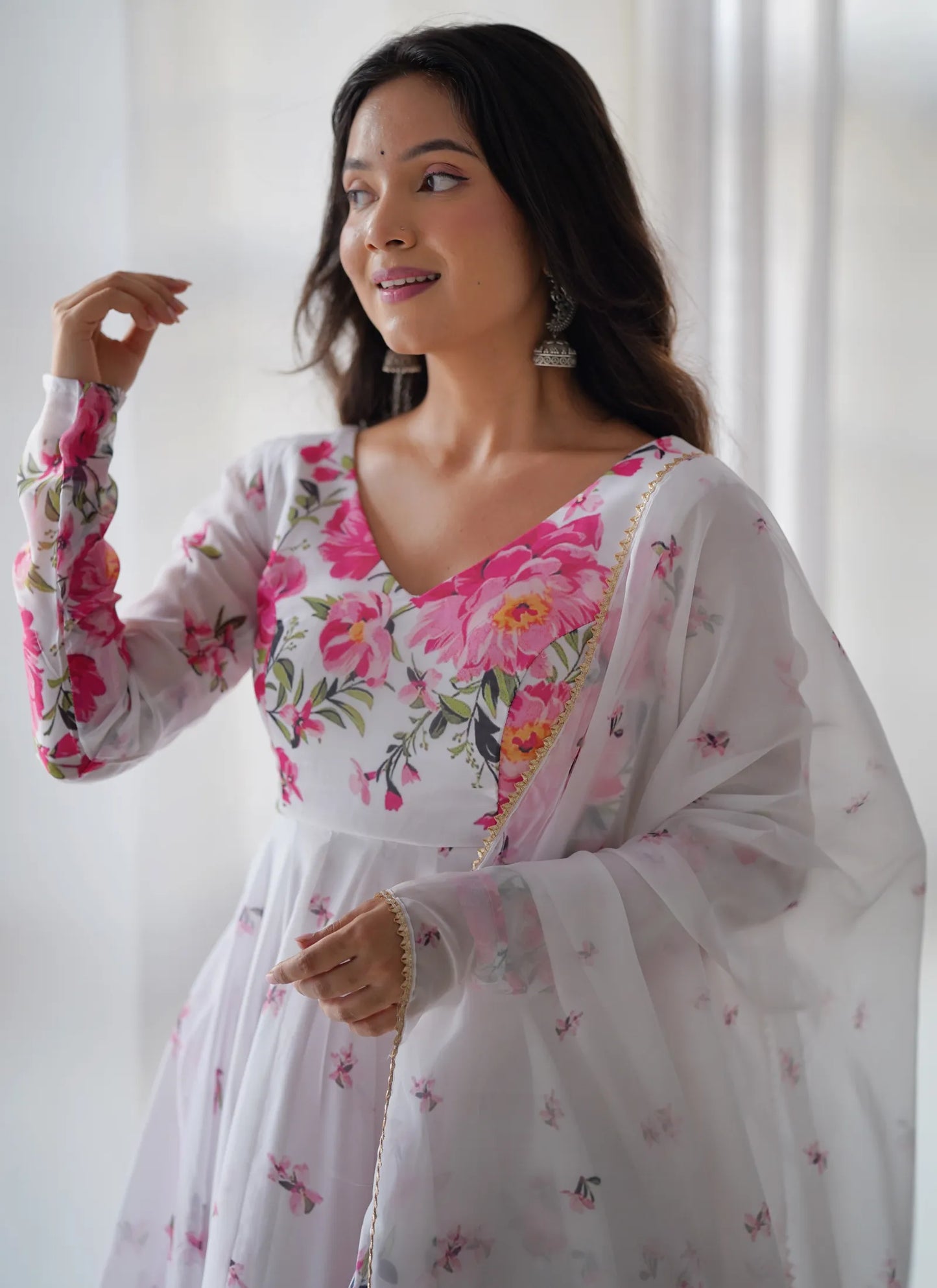 Pure Soft Organja Silk Anarkali White