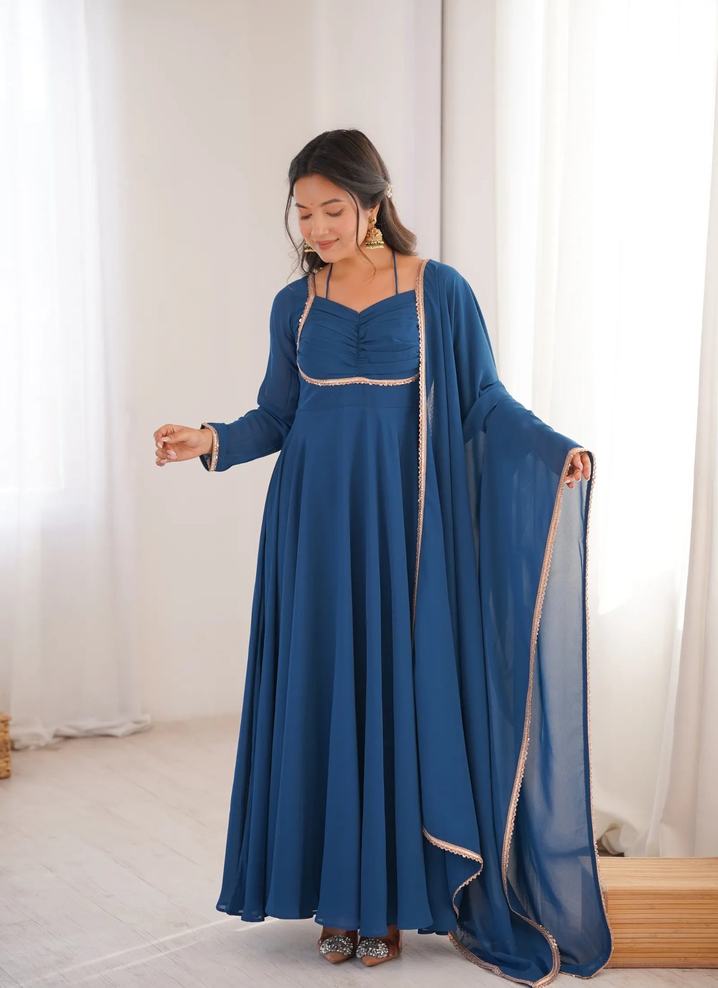 Teal Pure Blooming Georgette Anarkali Suit