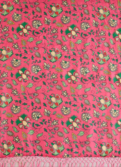 Floral Print Soft Lichi Silk Saree Pink