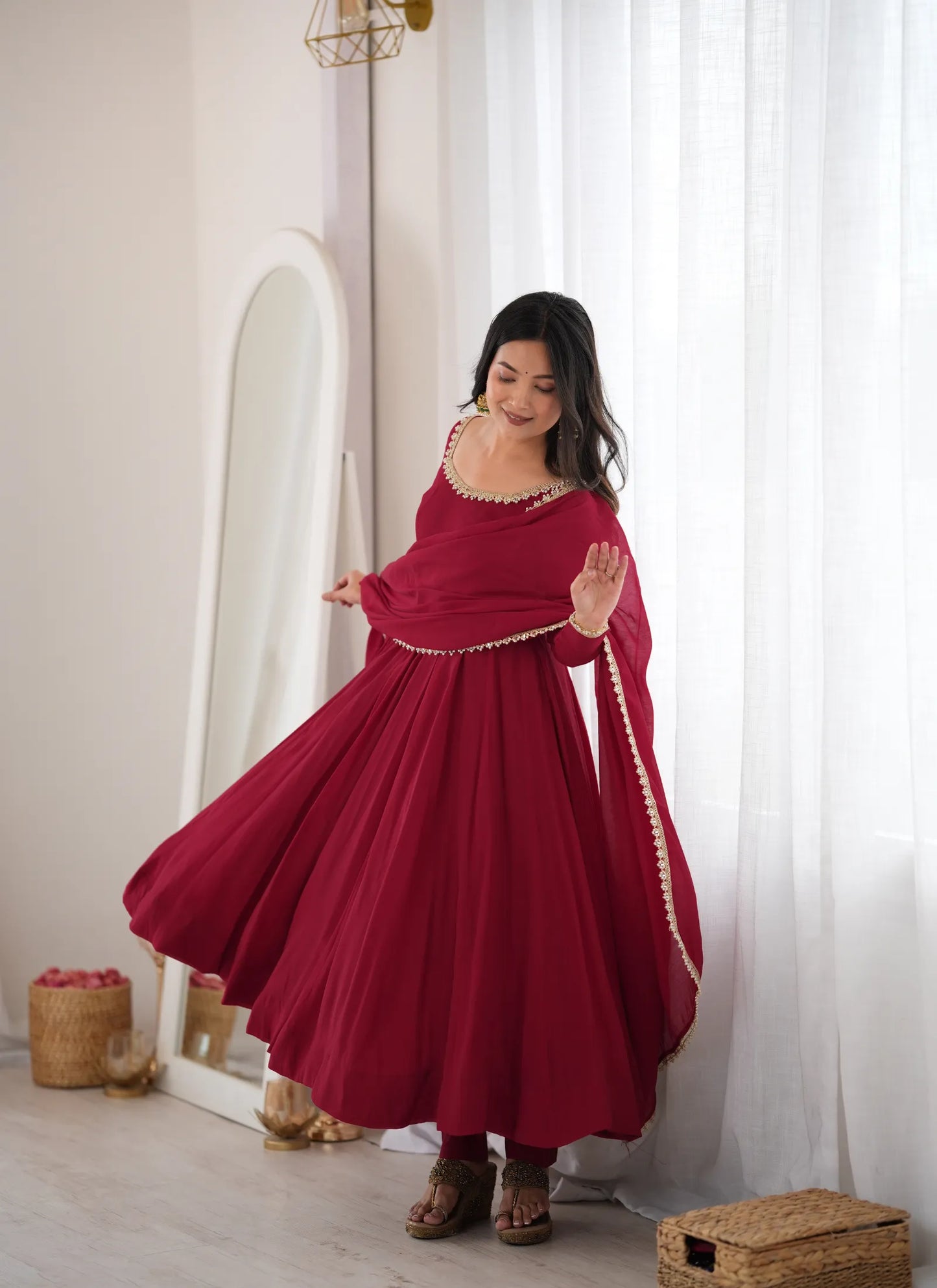 Dark Pink Pure Mal Chanderi Anarkali Suit