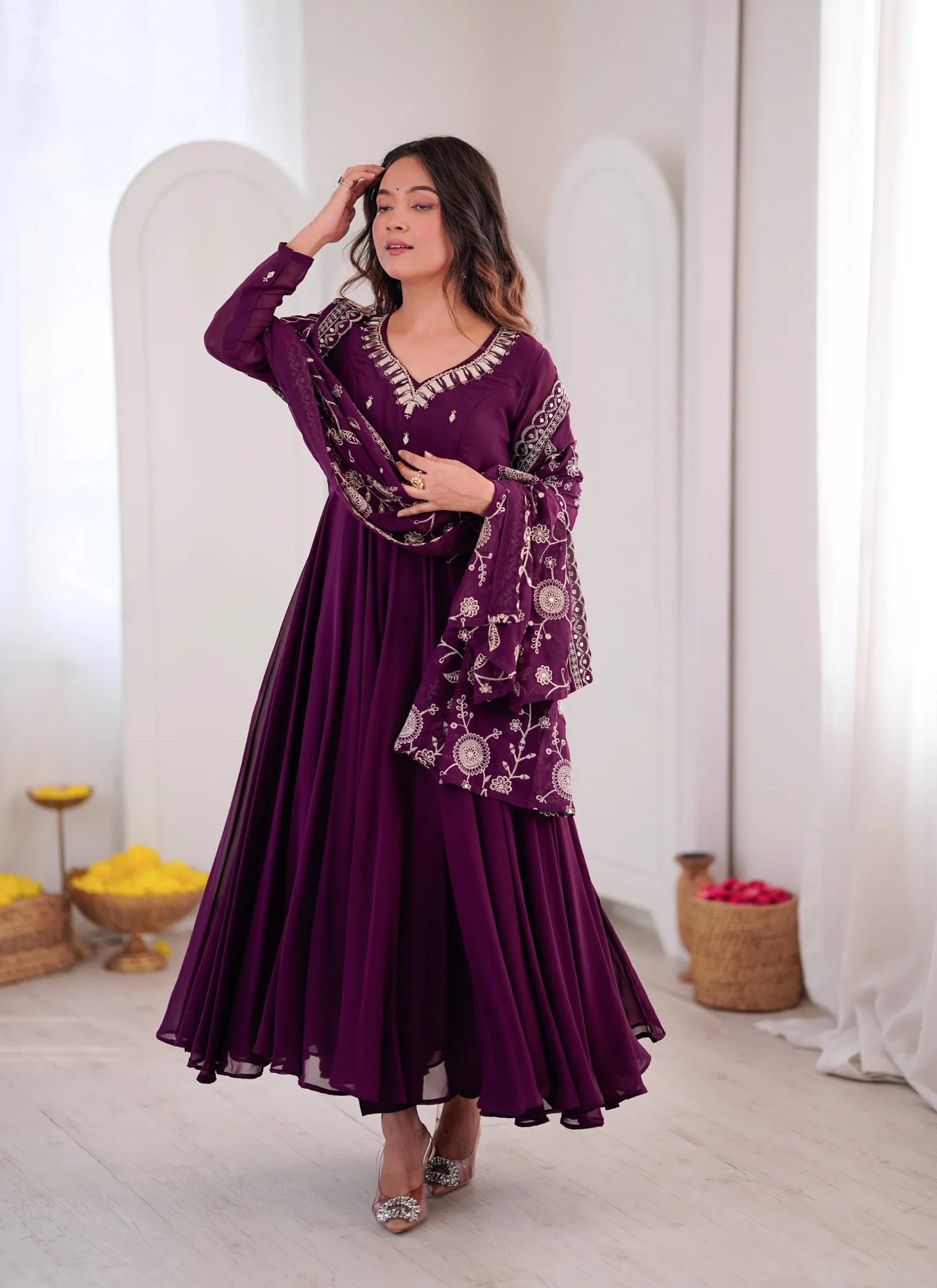 Wine Elegant Embroidered Anarkali Suit