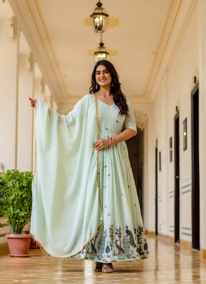 Green Embroidered Chinon Fabric Gown