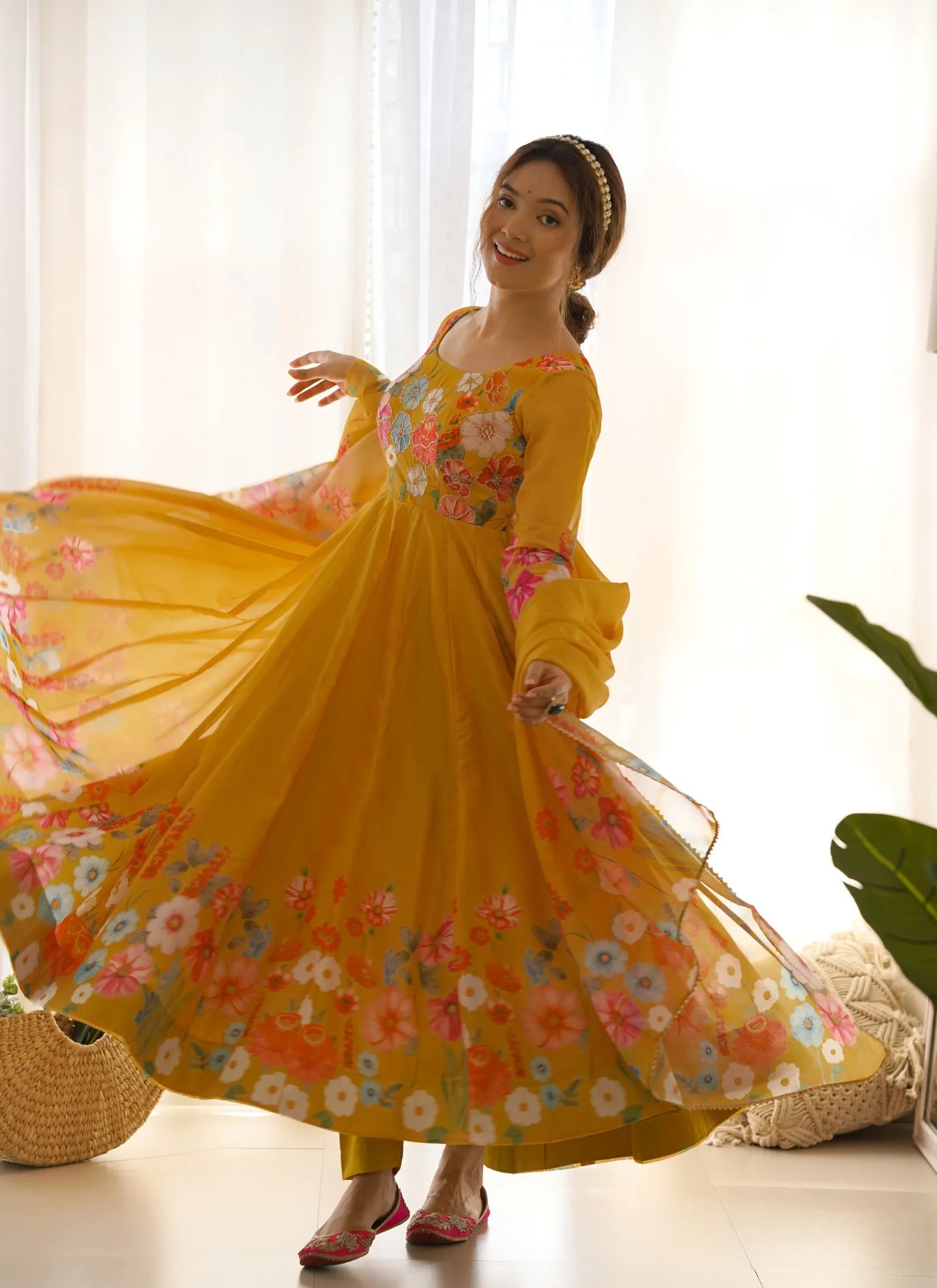 Pure Soft Organja Silk Anarkali Yellow