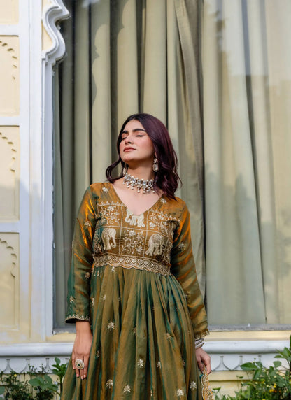 Muddy Green Embroidered Fendy Satin Gown